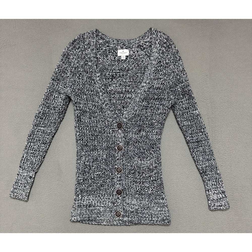 American Eagle Cardigan Sweater Womens Sz M Black White Marbled Tunic Long Knit